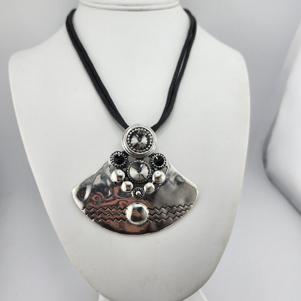 Double Cord Necklace With Silver Tone Pendant Black And Smoky Rhinestone